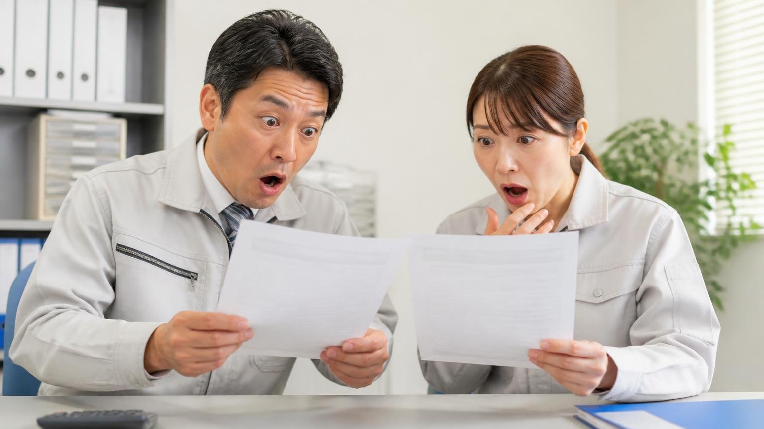 後処理装置は洗浄なら約8万円・交換なら数十万円|事務所で見積書2枚を見比べる男女2人が驚く