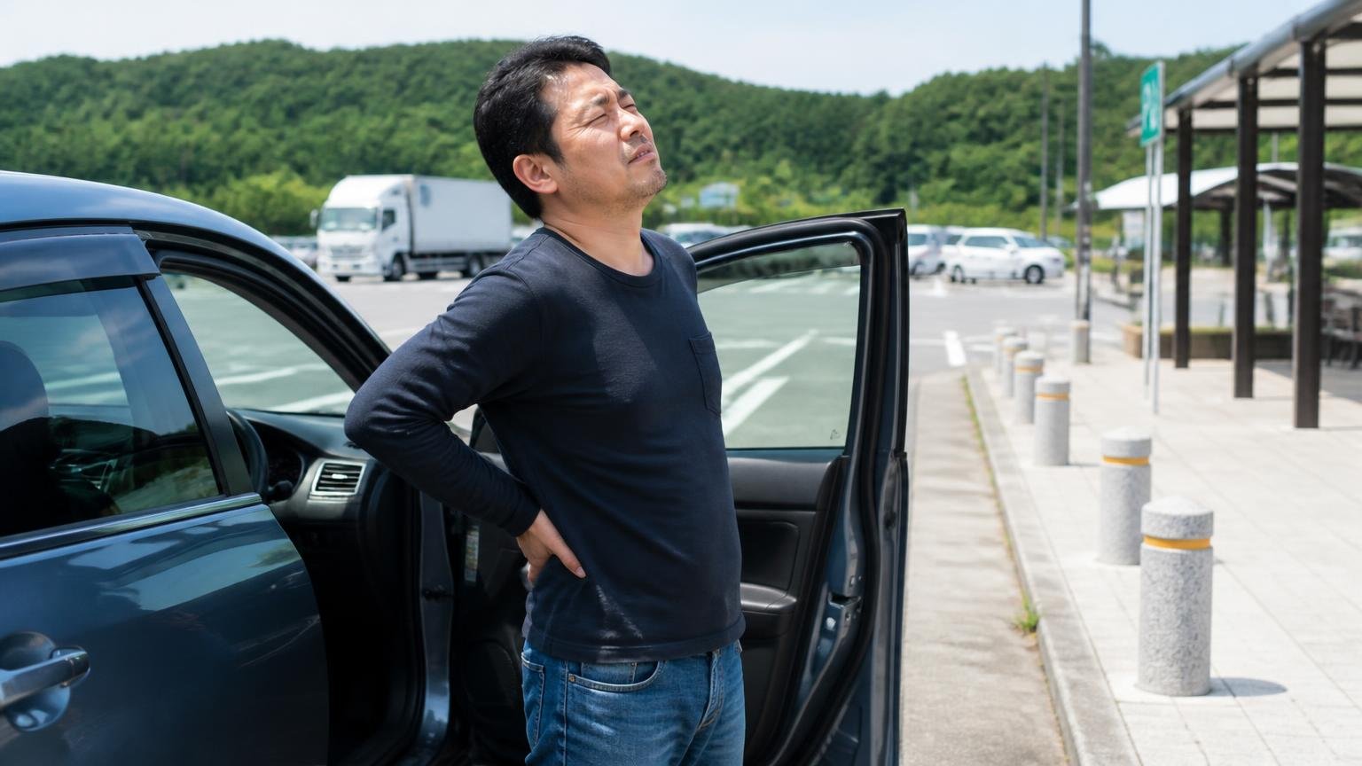 向いていない人 高速道路のパーキングで長距離走行後に運転席から降りて腰を伸ばす 男性1人 疲れた表情