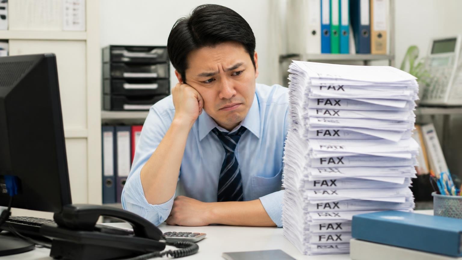 悪い評判はFAXと電話の営業に集中している。事務所の机で男性1人が積み上がったFAX用紙を前に渋い顔