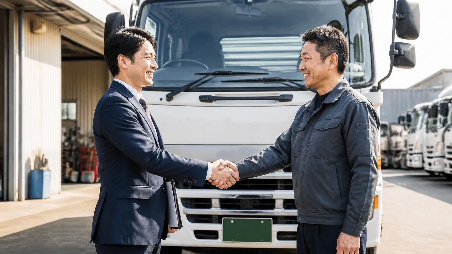 査定料と出張料が無料 早朝の車庫でトラックの前に立つ査定士と持ち主の男性2人が握手する