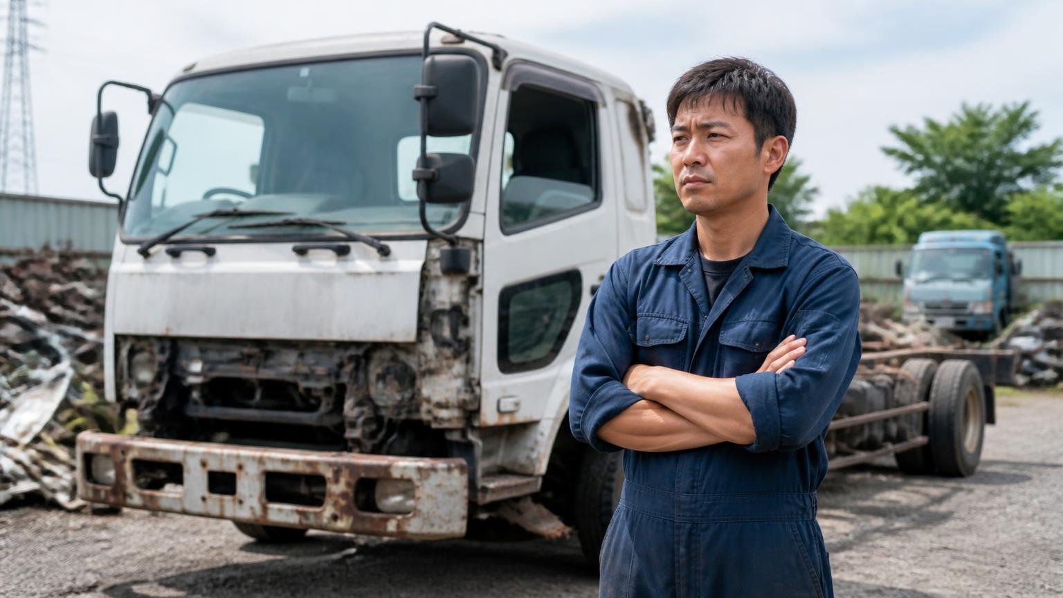 廃車前提なら専門業者が上回る場合も。屋外で動かないトラックを前に腕を組む男性1人