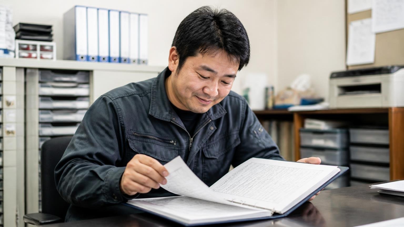 自分の乗り方が悪かったと思っている人へ|事務所で整備記録簿をめくる男性1人が安堵の表情
