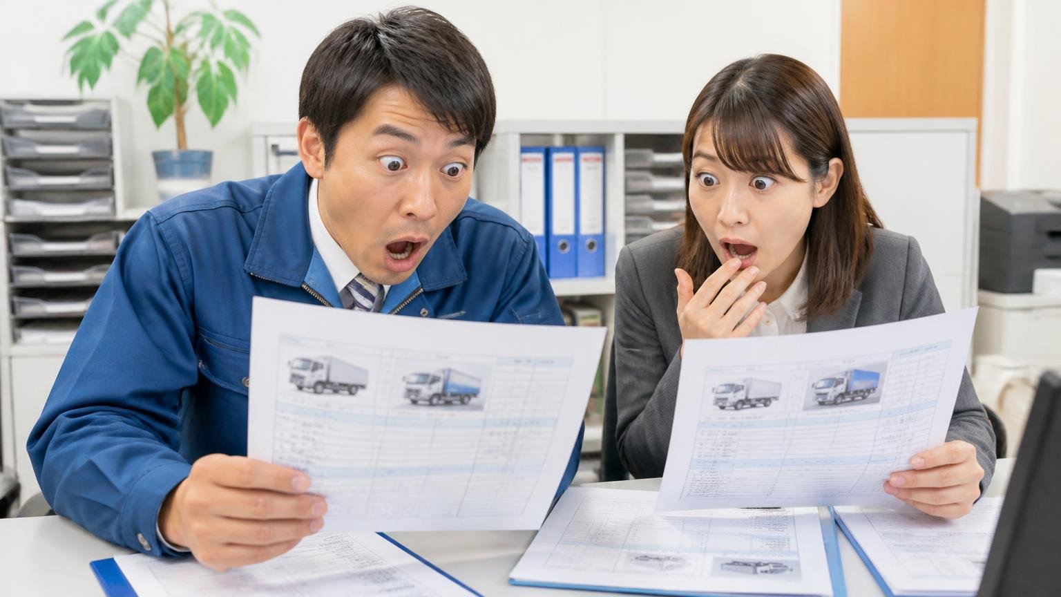 同じプロフィアでも、年式と架装で金額はここまで動く 事務所で査定書の金額欄を見比べ、目を見開いて驚く男性1人と女性1人
