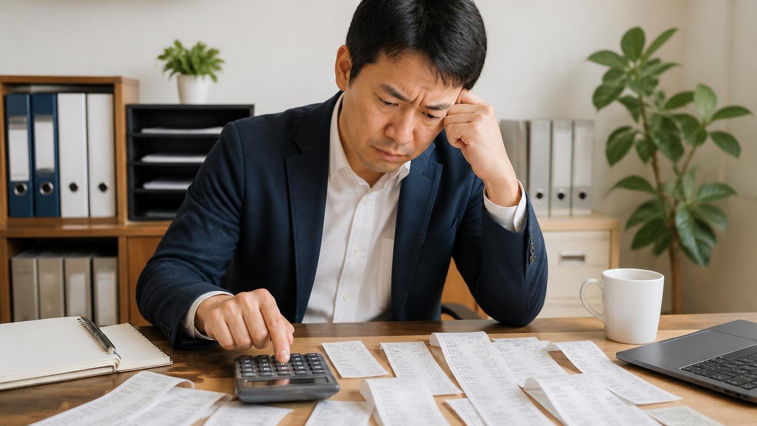 乗り続けるコストと今の価値を比べる|事務所の机に給油レシートを広げた男性1人が電卓を叩いて悩む