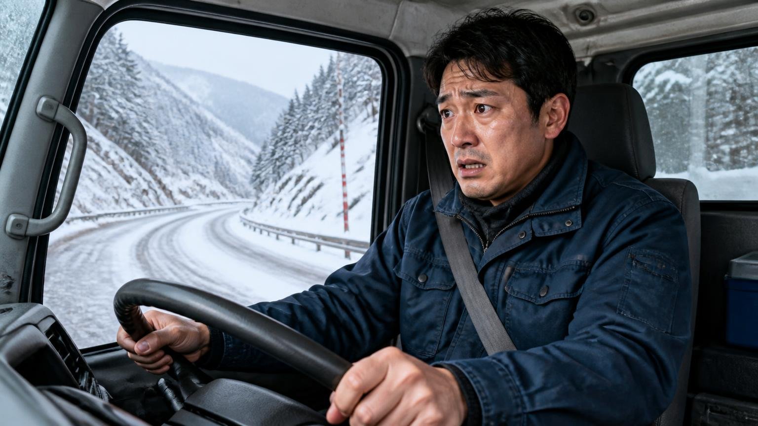山道と雪道は使う地域で評価が割れる 雪の積もった峠道でトラックを運転する男性が緊張した表情でハンドルを握る