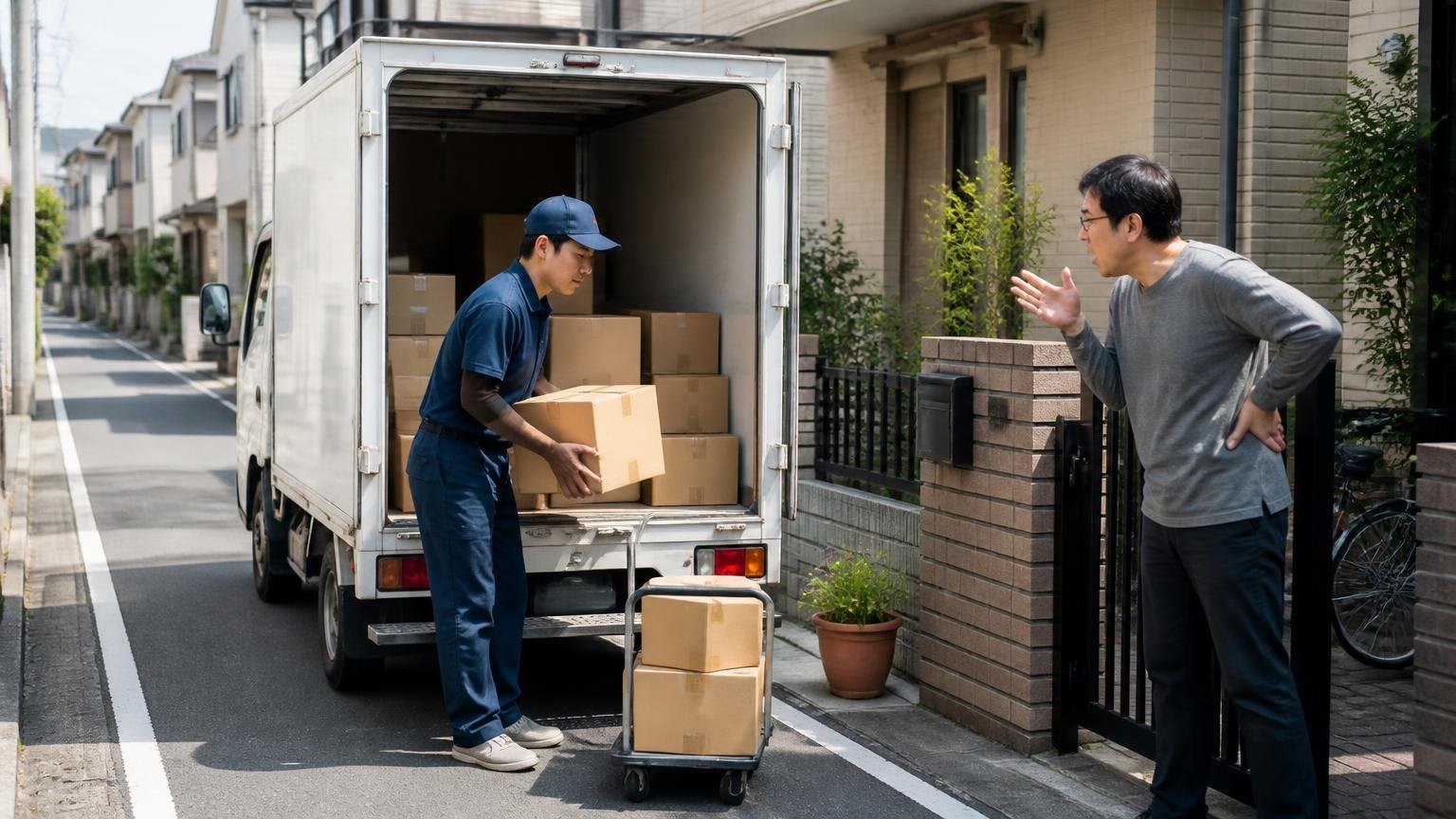 相性が悪い使い方。住宅街の路上で短時間停車を繰り返すエルフの荷台から、配達員が荷物を降ろす