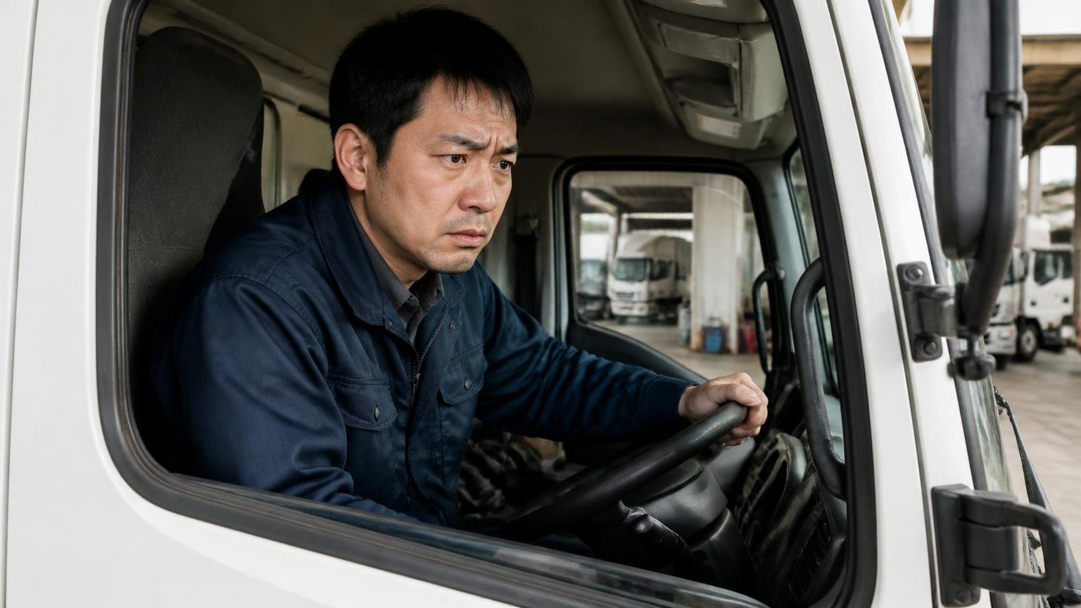 壊れる前に出ているサイン 早朝の車庫でトラックのエンジンをかける場面 男性1人が発進の遅れに気づいて表情を曇らせる