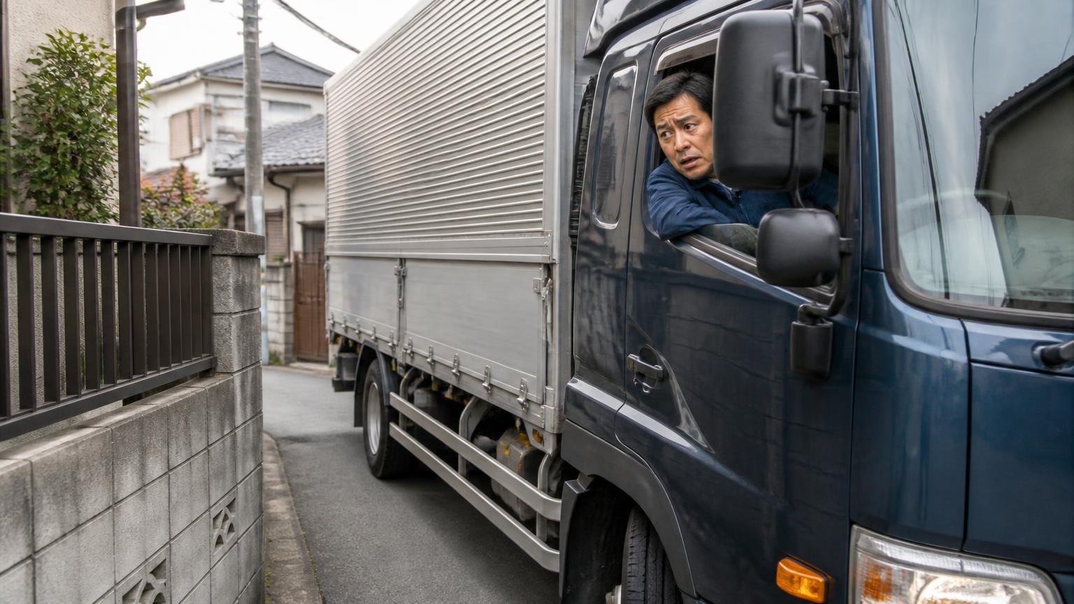 クオンが向いていない使い方と体制、狭い住宅街の路地で切り返しに苦戦する大型トラックの脇、ドライバー1人が焦った表情でミラーを見る