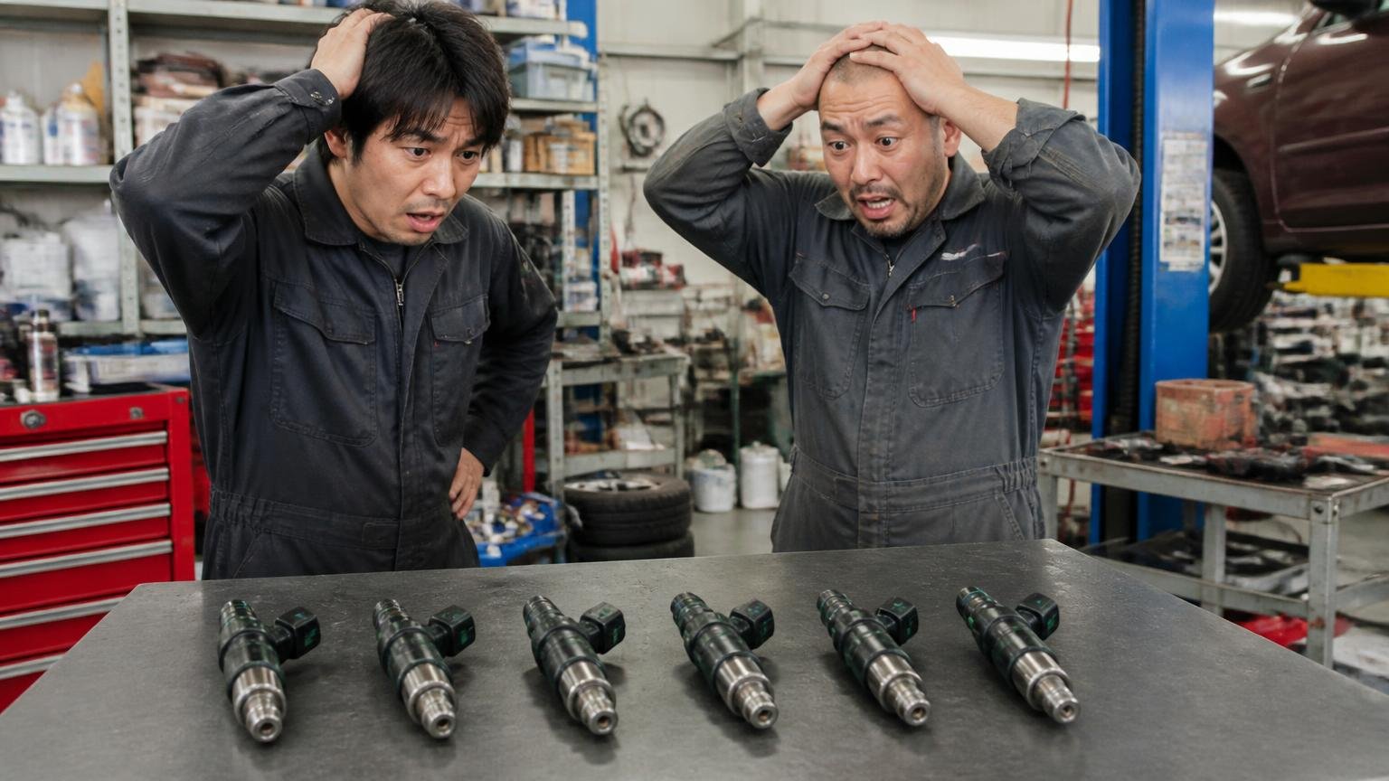インジェクター6本の部品代。整備工場の作業台に並べた部品を前に整備士2人が値段の話をして頭を抱える
