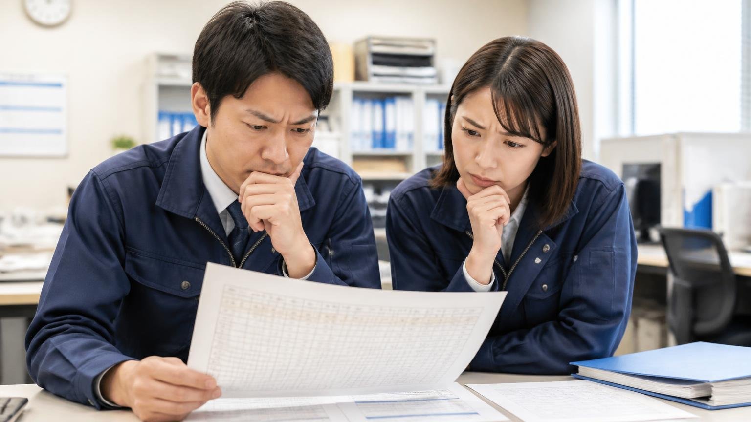判断軸はメーカーではなく自分の環境　事務所で運行表を見る男性と女性　2人　考え込む