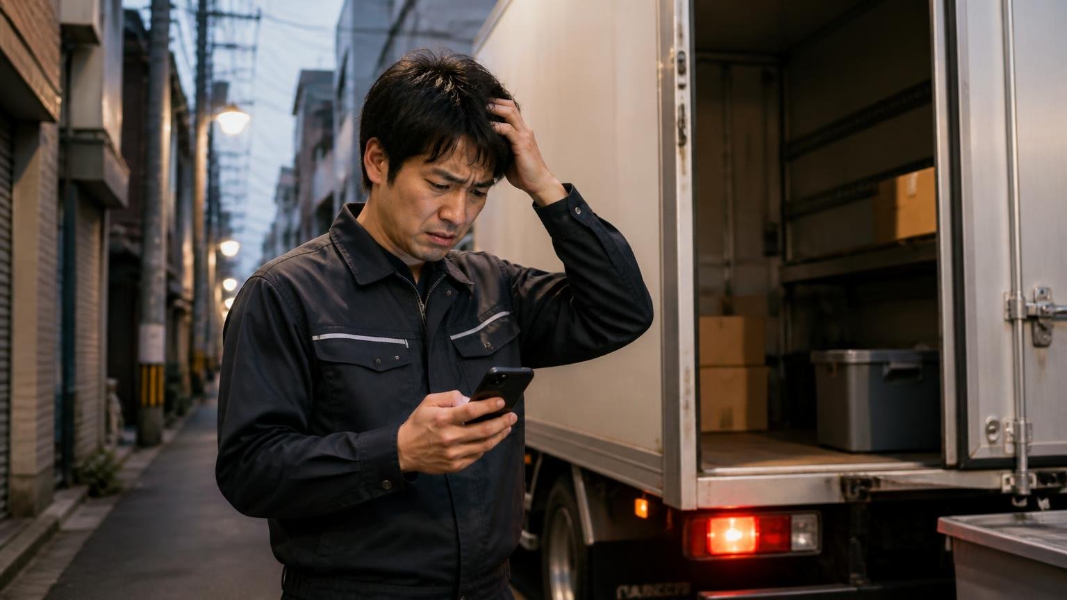 こういう環境だと不具合が出やすくなる 夕方の狭い路地で停まった配送トラックの脇 男性1人 困った表情