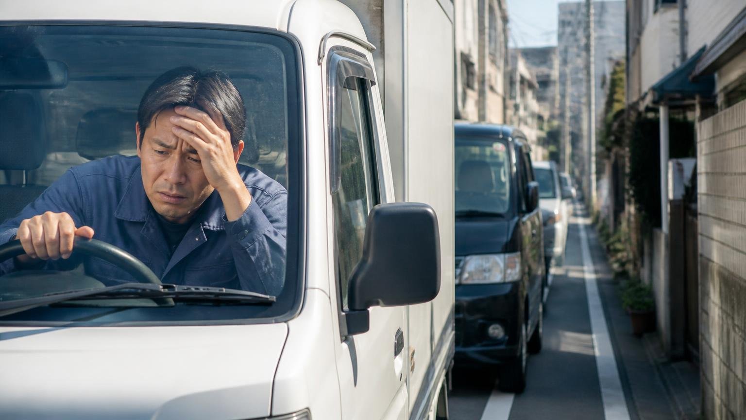 向いていない人｜狭い市街地の路肩で何度も停車を繰り返し、困り顔で額を押さえながらハンドルを握る配送ドライバー1人