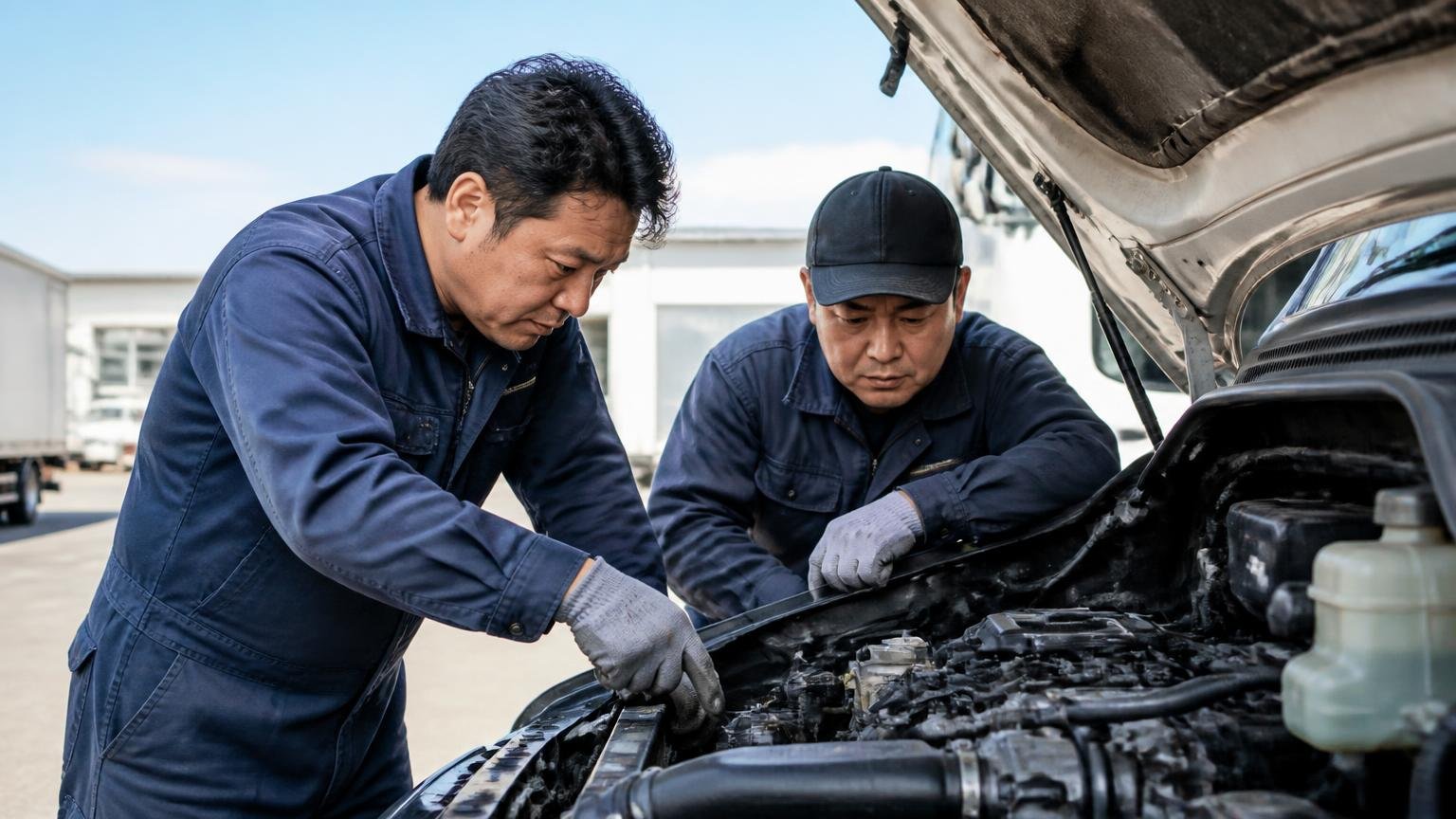 2026年6月にもリコールが届け出られている。屋外の車庫でトラックのエンジンルームを開けた整備士2人が、真剣な表情で点検する