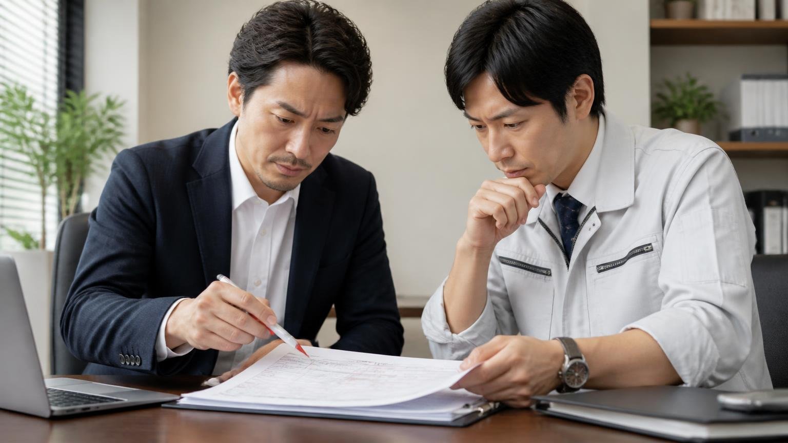 減額の条件と見積書の有効期限。事務所の机で書面にペンで印をつける男性2人、真剣な表情