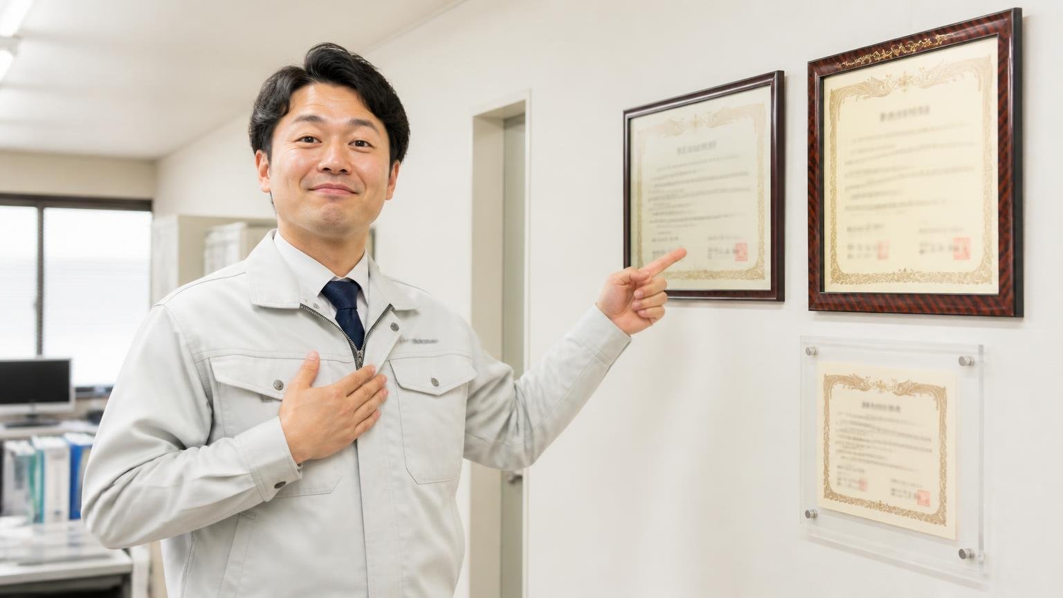 許可と認証。営業所の壁に掲げた許可証と認定証を指さす作業着の男性1人が胸を張って説明する