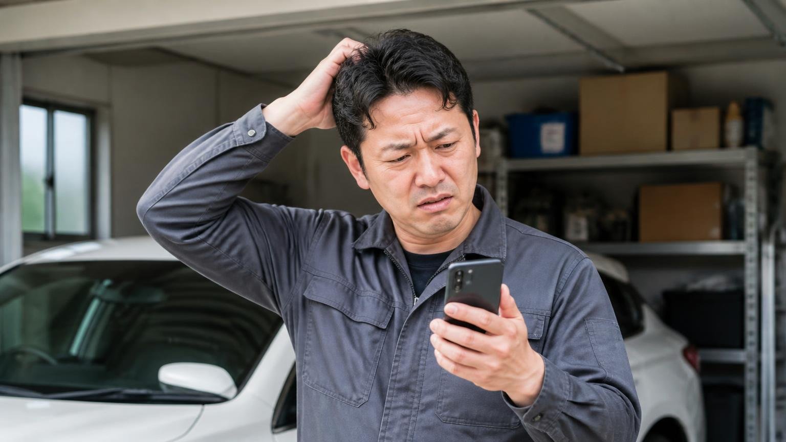 向いていない人|口コミの量で安心したい人、即日現金化が最優先の人 早朝の車庫でスマホを見ながら渋い顔をする男性1人 頭を掻く
