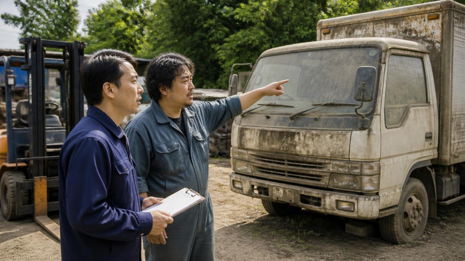 不動車やフォークリフトも買取対象 敷地の隅で埃をかぶった動かないトラックを指さす男性2人