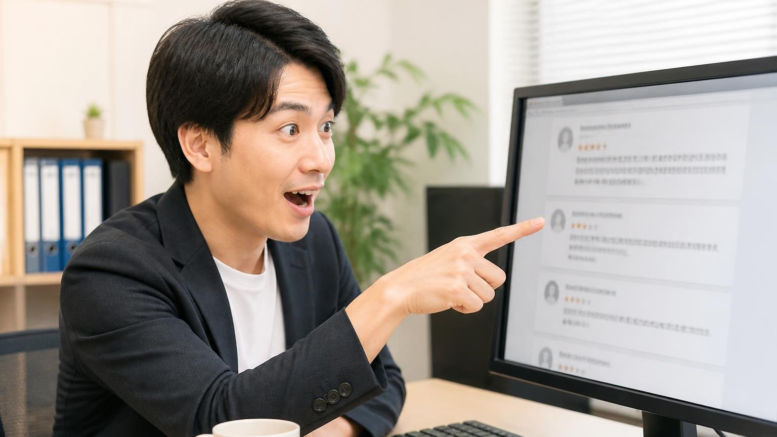 自社サイトに値段が高かったという声を残している 事務所のパソコン画面を指さす男性1人が感心した表情