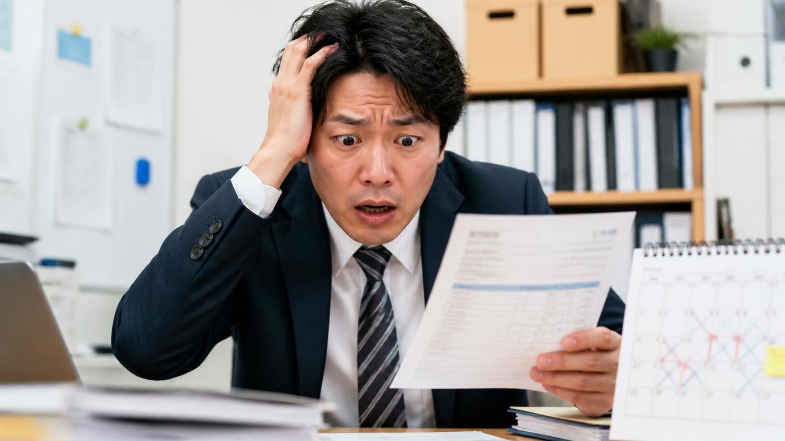 向いていない人:今週中に現金化したい人|事務所で請求書とカレンダーを見比べて焦る表情の男性1人
