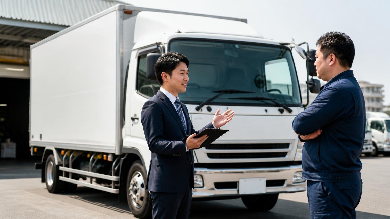 交通の便が悪いという声は売る側には関係がない。営業所の車庫に停まった4tトラックの前で査定に来た担当者1人と依頼者1人が話す