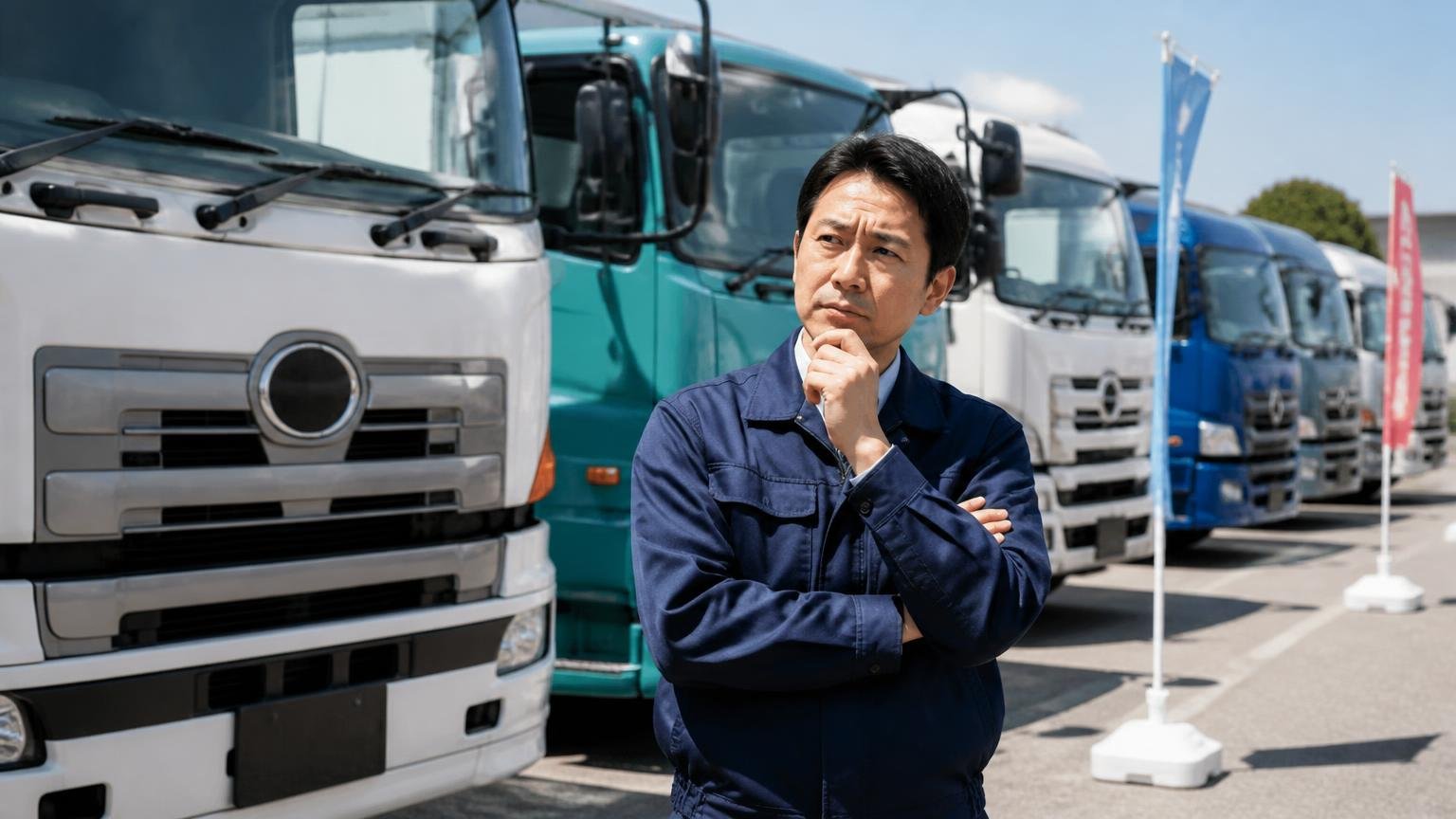 件数の少ない拠点の星をどう読むか。屋外の展示場でトラックの前に立ち腕を組んで考え込む男性1人