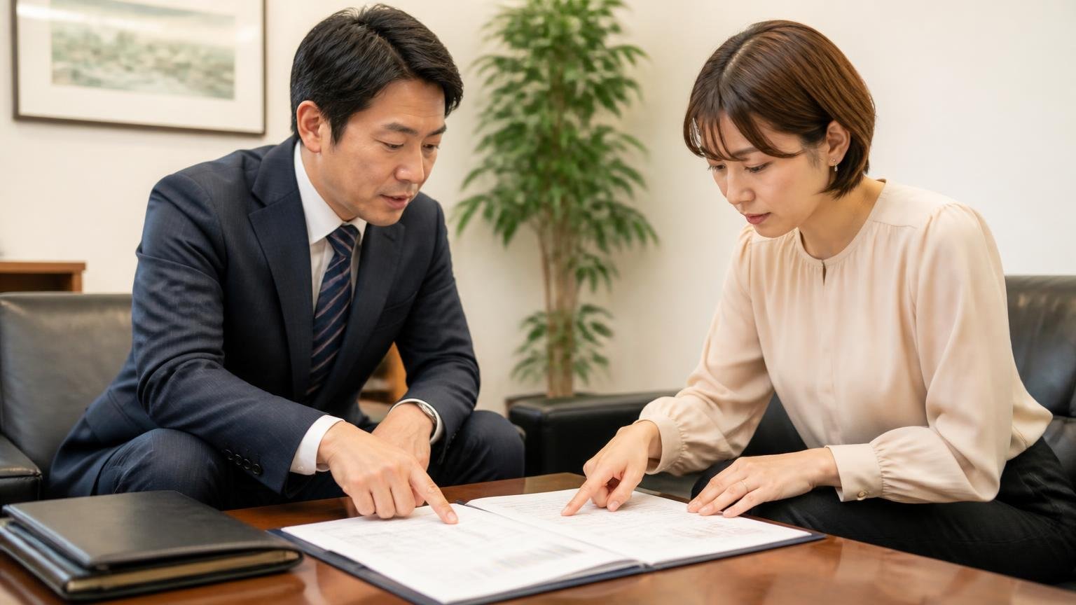 書面でもらっておくべき5つの項目 事務所の応接で査定書に目を通す 2人 一項目ずつ指でなぞって確認する