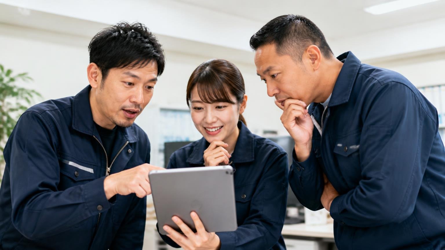 苦情を自社サイトに載せている会社、事務所でタブレットの改善事例ページを覗き込む運送会社の男女3人