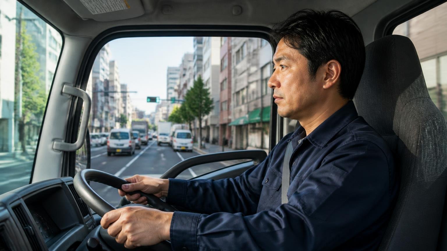 自分が走る道で試乗する。市街地の配送ルートでトラックを運転する1人が真剣な横顔