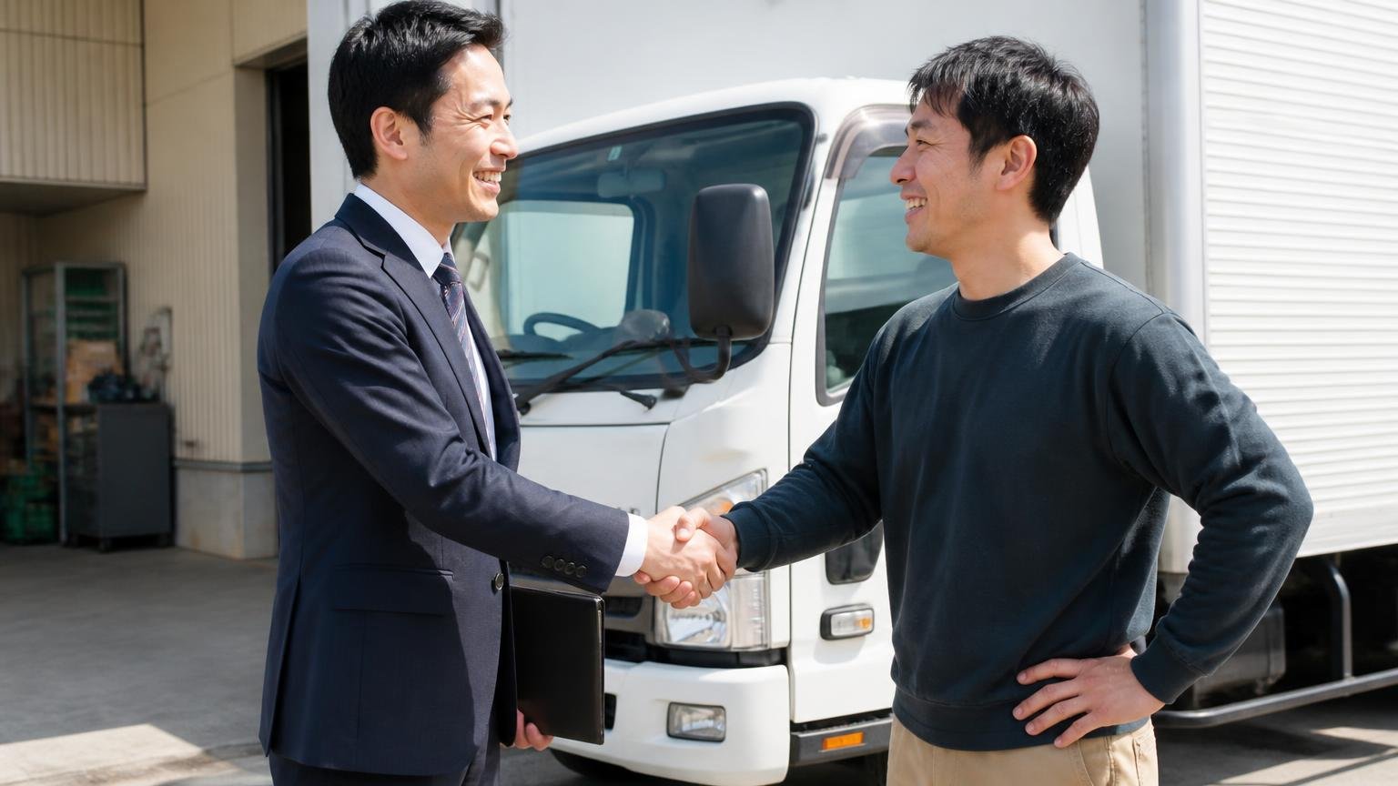 良い評判は担当者の対応と相見積もりでの金額。車庫の4tトラック前で査定員と男性1人が笑顔で握手
