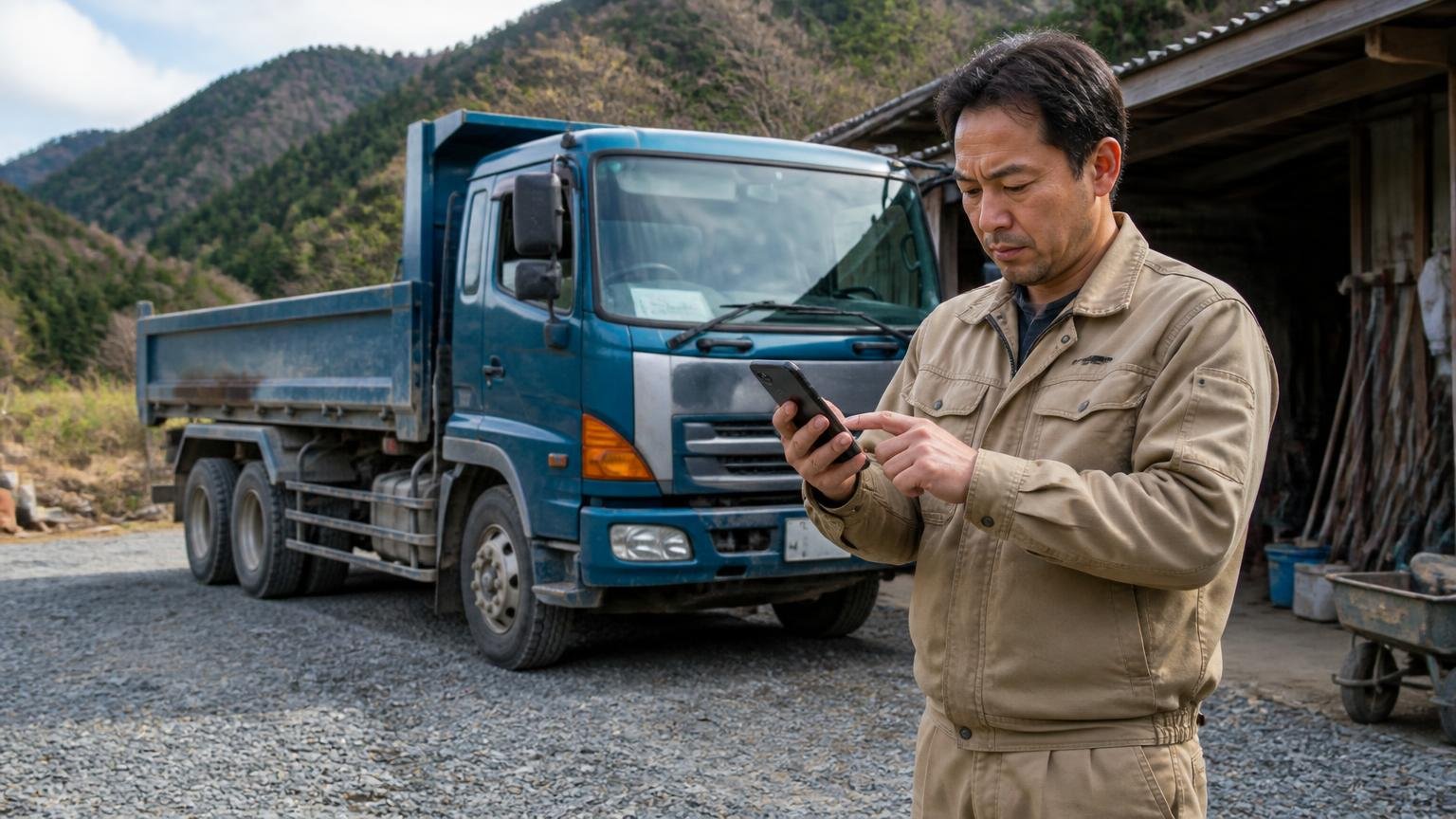 全国対応と例外エリア 山あいの砂利敷きの車庫に停まったダンプの前で男性1人が地図アプリを見る