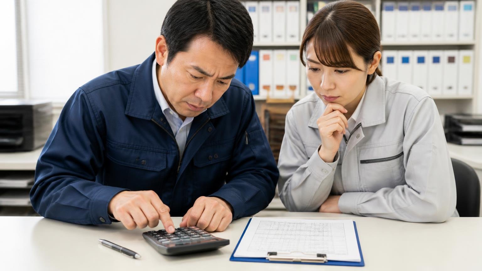 乗り換えに必要な数字は2つ/事務所で給油伝票と電卓を並べた机/男性1人と女性1人/電卓を叩いて計算する