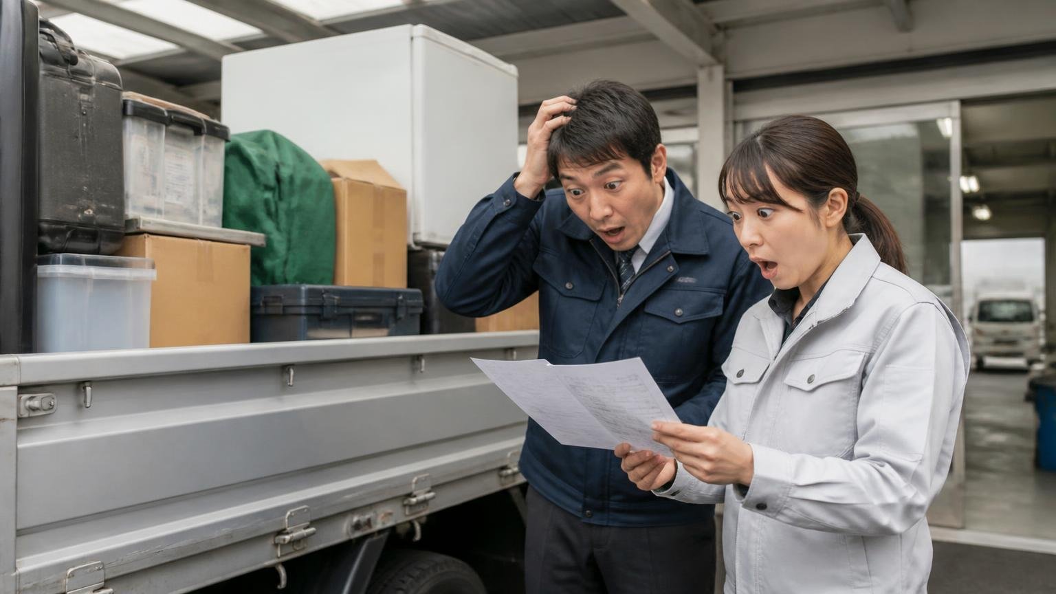 思ったほど積めないが起きるしくみ 営業所の車庫で荷台に荷物を積みながら車検証を確認する男女2人が驚く