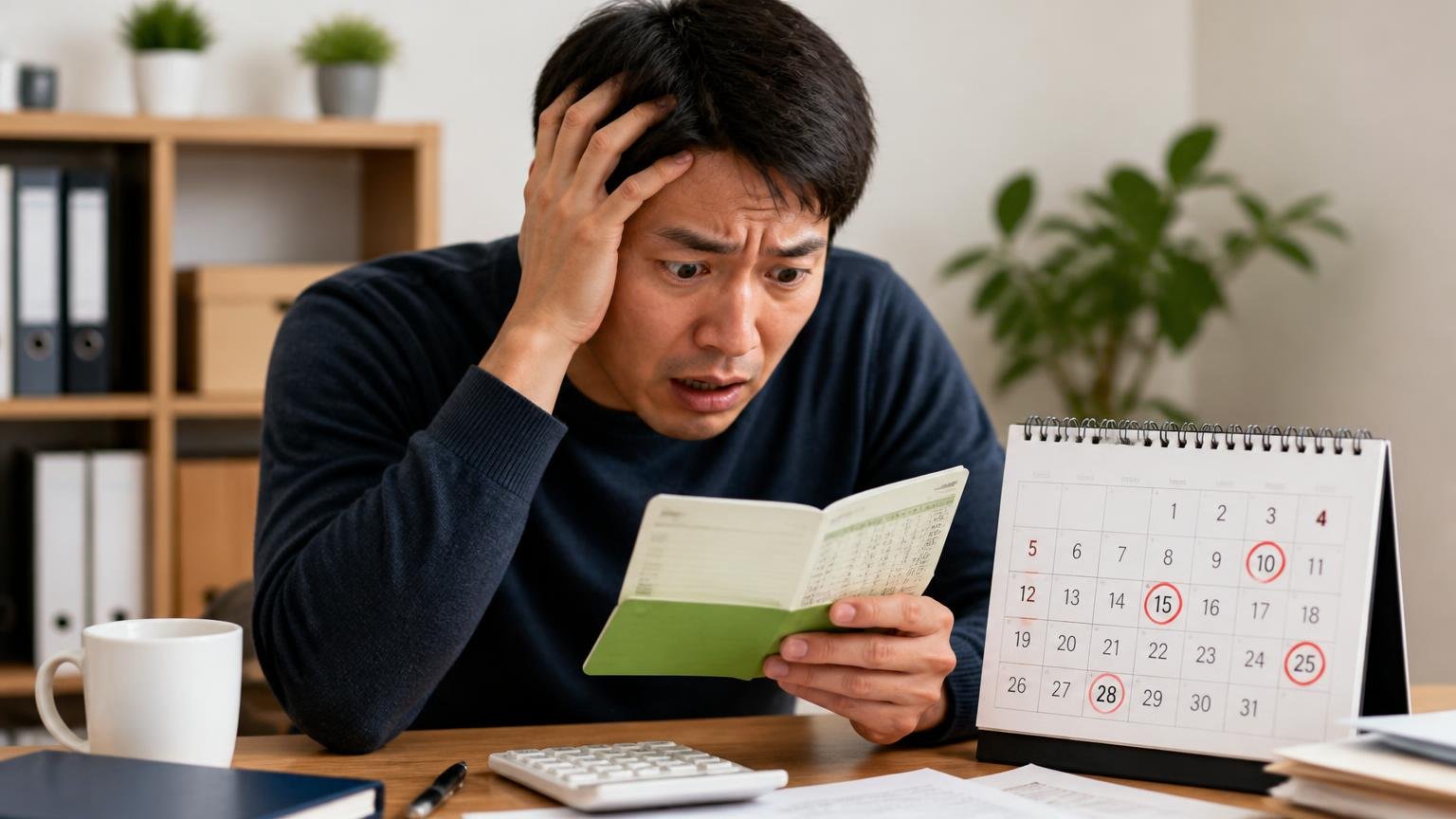 即日で現金が欲しいなら弱い。事務所で通帳と支払日を丸で囲んだカレンダーを見比べ、頭を抱えて焦る表情の男性1人