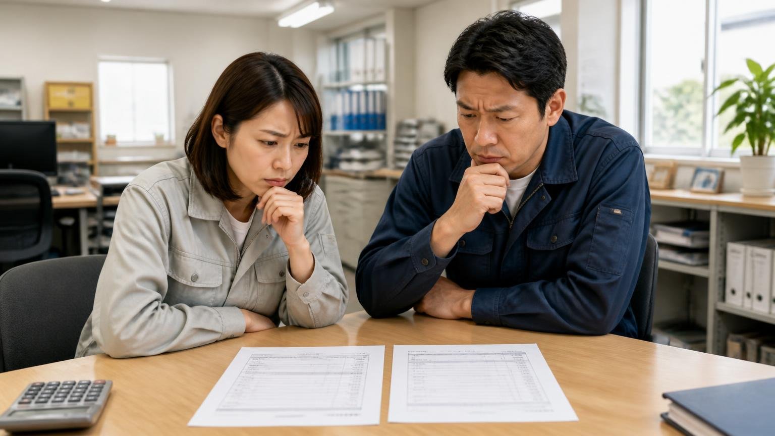 直すか売るか迷ったときの判断 事務所の机で修理見積書と査定書を並べる 男女2人が真剣な表情で見比べる