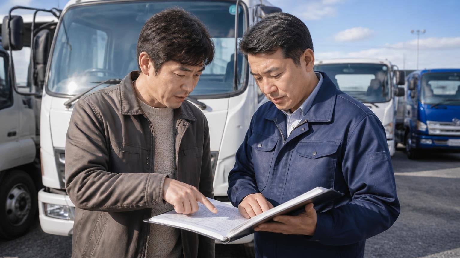 これから中古で買う人がやっておくべき確認、中古トラック販売店の展示場で車両を確認する場面、購入検討者と担当者の2人が整備記録簿をのぞき込む