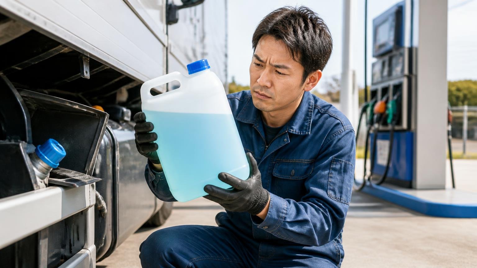 尿素SCRと自分で減らせる故障。屋外の給油場でアドブルーを補充する作業着の男性1人が容器を見つめる