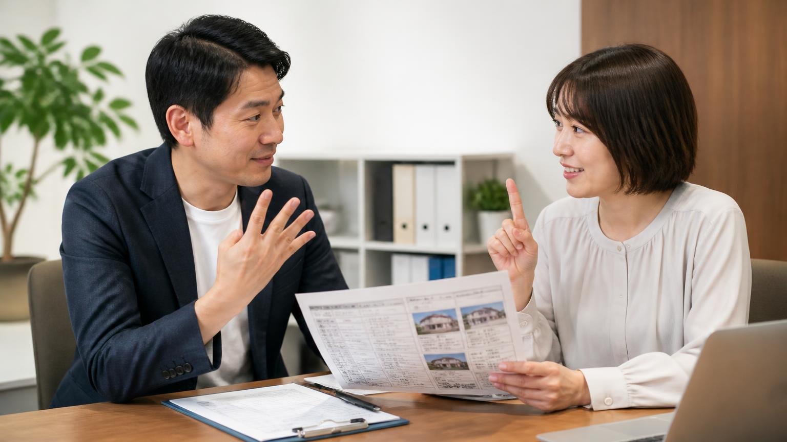 5つの質問で確かめる|事務所で査定書を見ながら打ち合わせする男女2人が指を折って数えうなずく