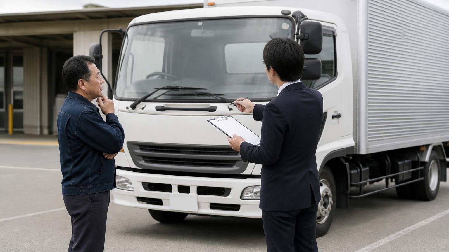 今この1台にいくら値が付くか知っているか 営業所の車庫に停まった4tトラックの前 査定員1人と経営者1人が車両を見比べる