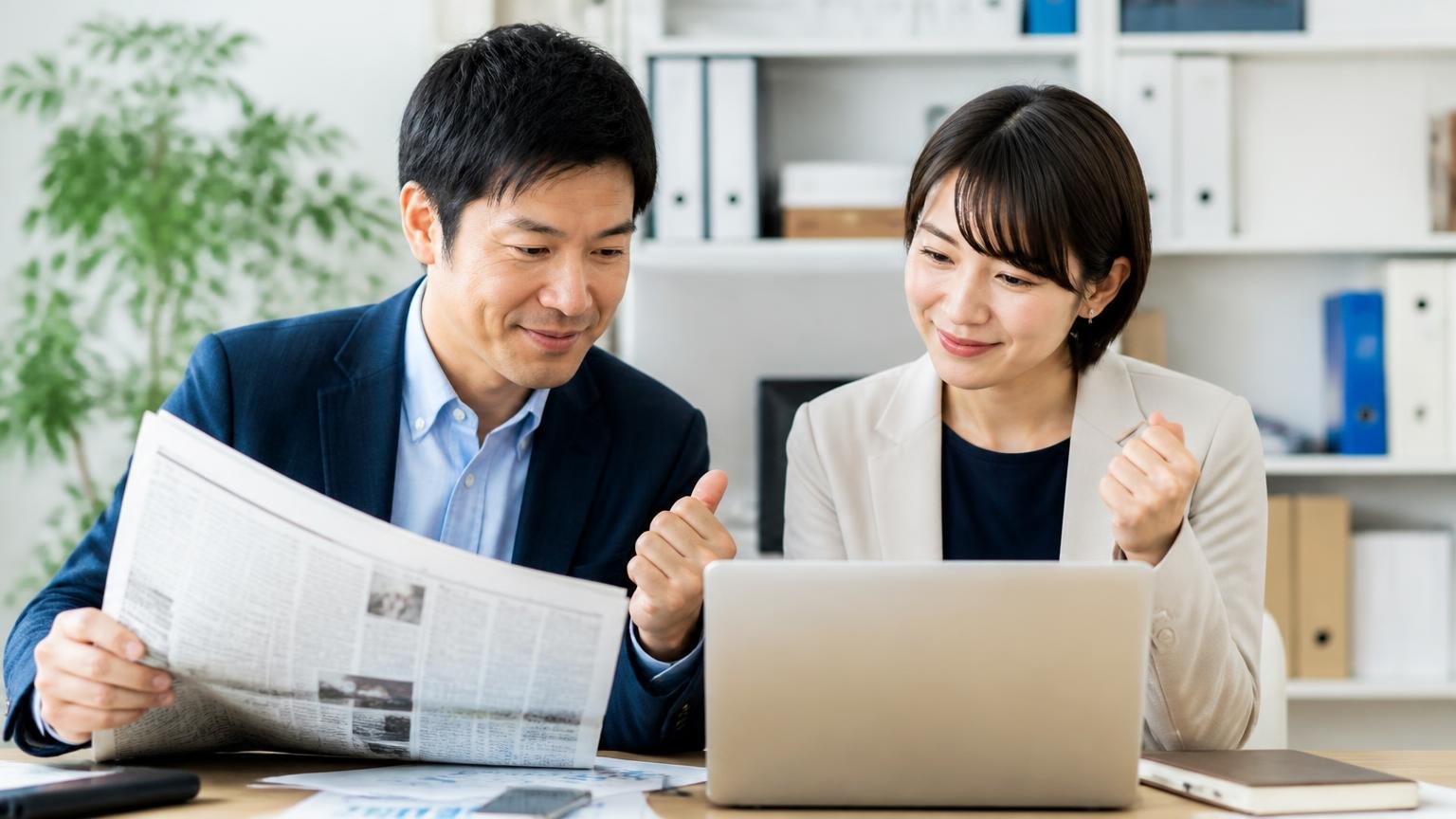 認証不正と壊れやすさは別の話。事務所のテーブルで新聞記事とパソコンを見比べる男女2人が、納得した表情でうなずく