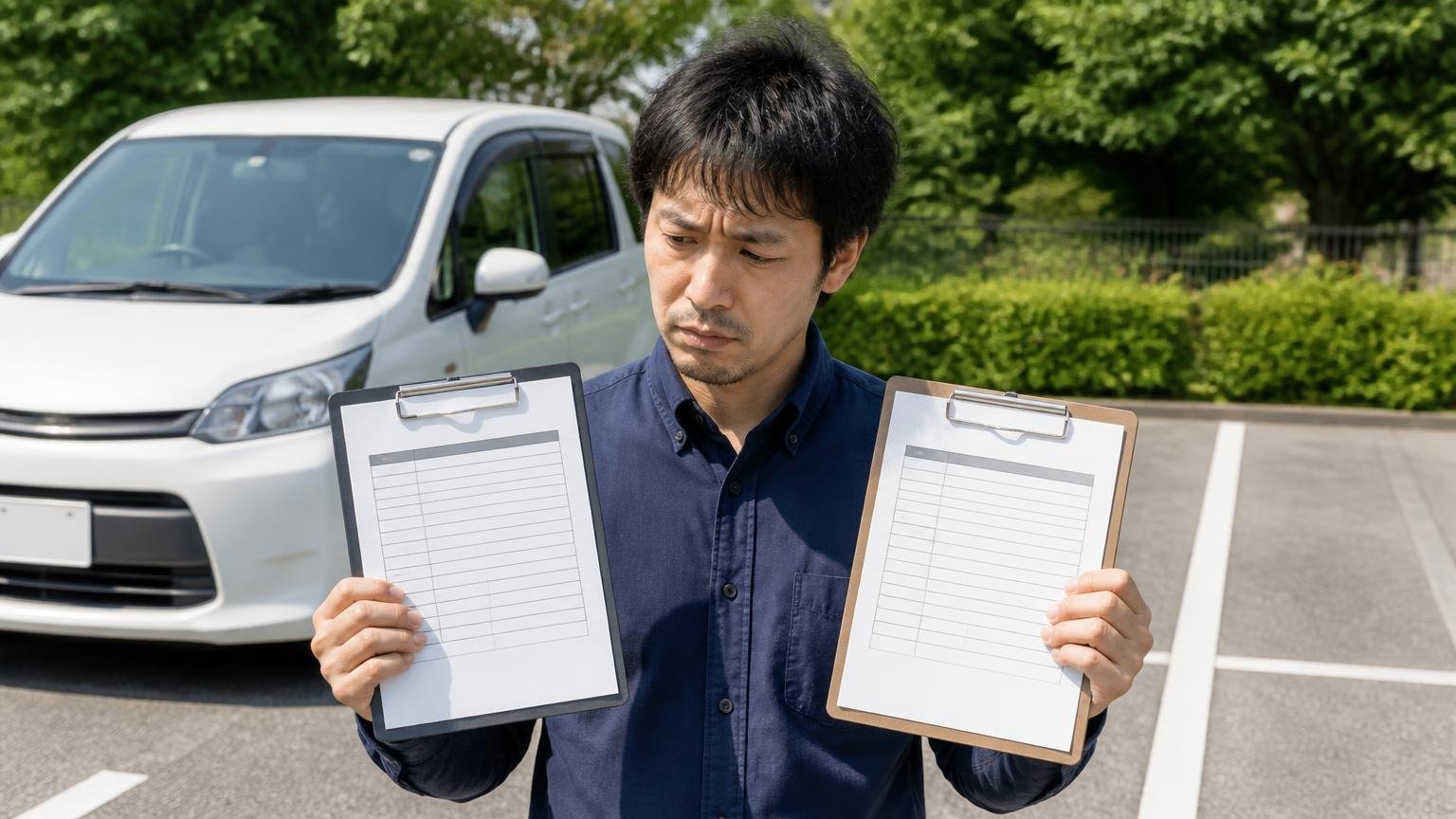 地場の専門店と全国対応の買取業者どちらが正解か。屋外の駐車場で2枚の見積書を左右に並べて見比べる男性1人