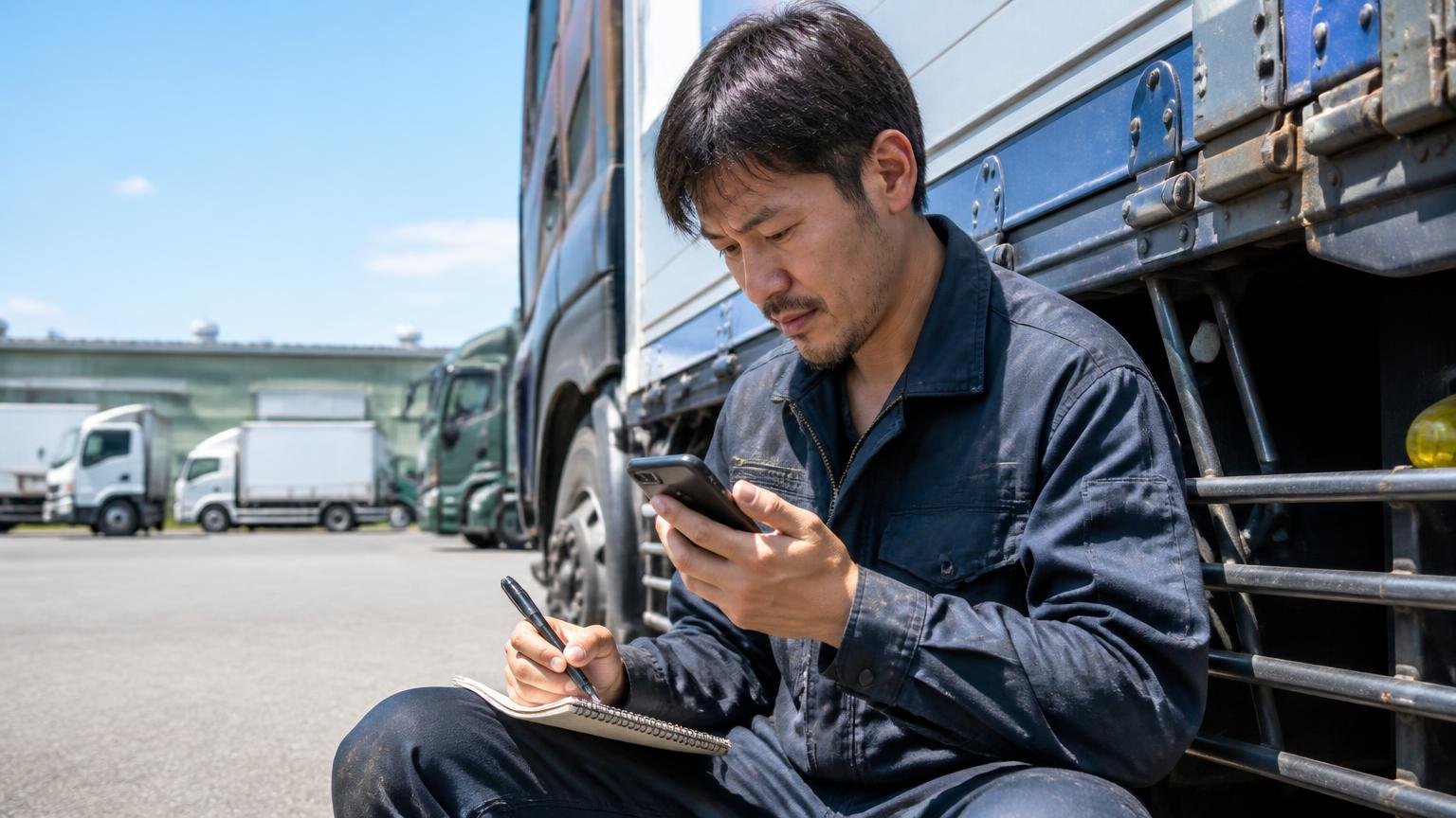 煩わしさを減らして比べる方法。休憩中のトラック脇で、作業着の男性1人がスマホを片手にメモを取る