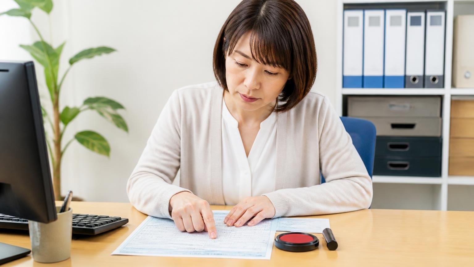 名義変更はどこまで代行できるか。事務所で車検証と印鑑を並べて確認する女性1人、真剣な表情