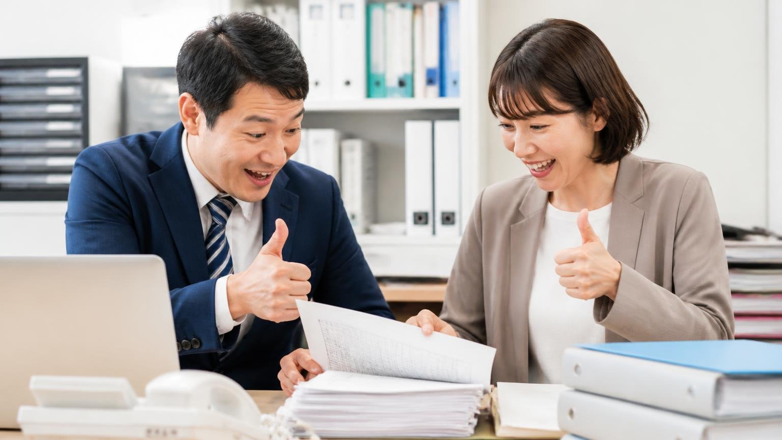 第三者の名簿。事務所の机で名簿の書類をめくる男女2人が納得した表情で大きくうなずく