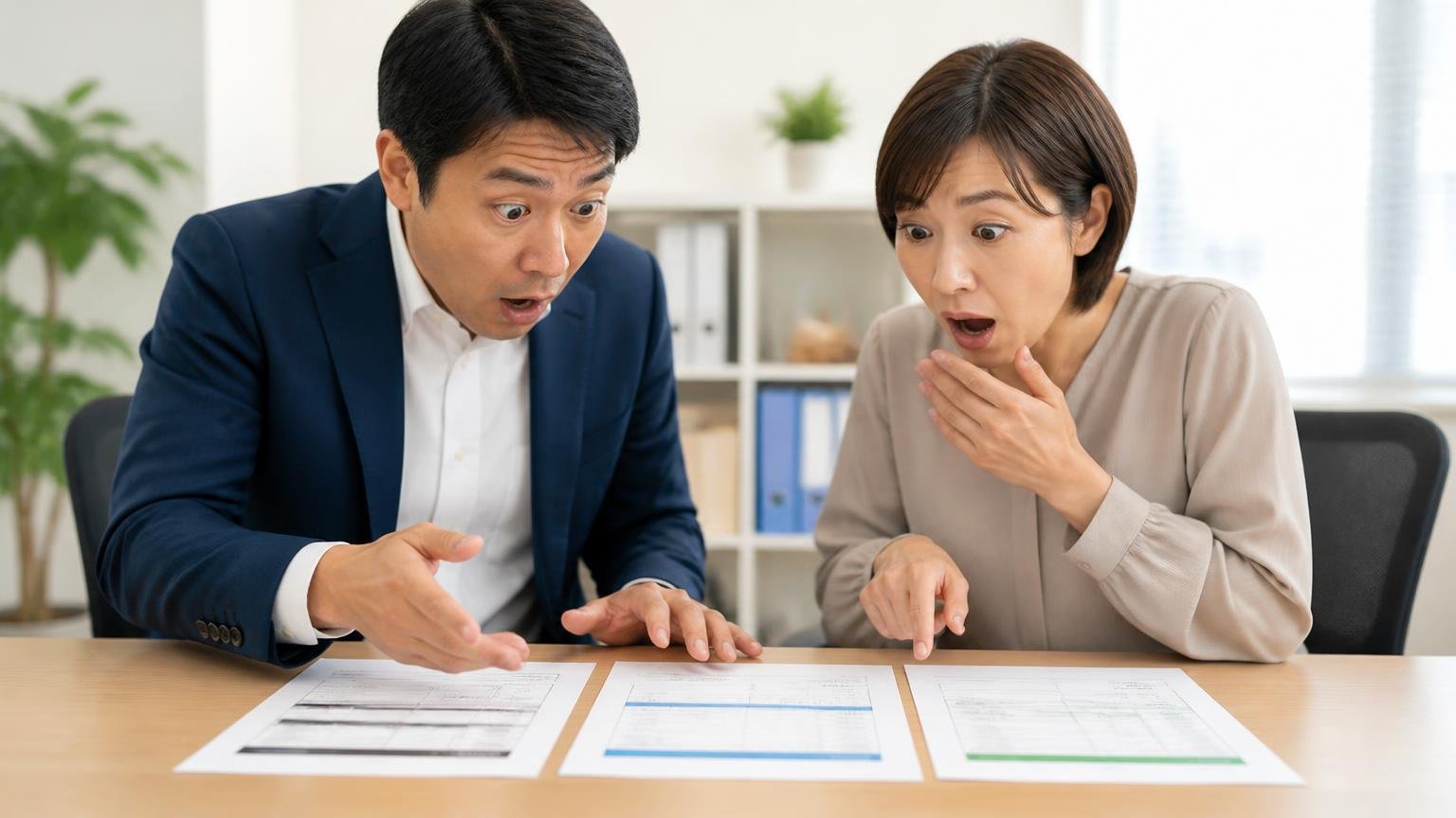 どちらの人にも共通する結論:1社だけでは金額の良し悪しがわからない 事務所の机に3枚の見積書を並べて見比べる男女2人 驚いた表情