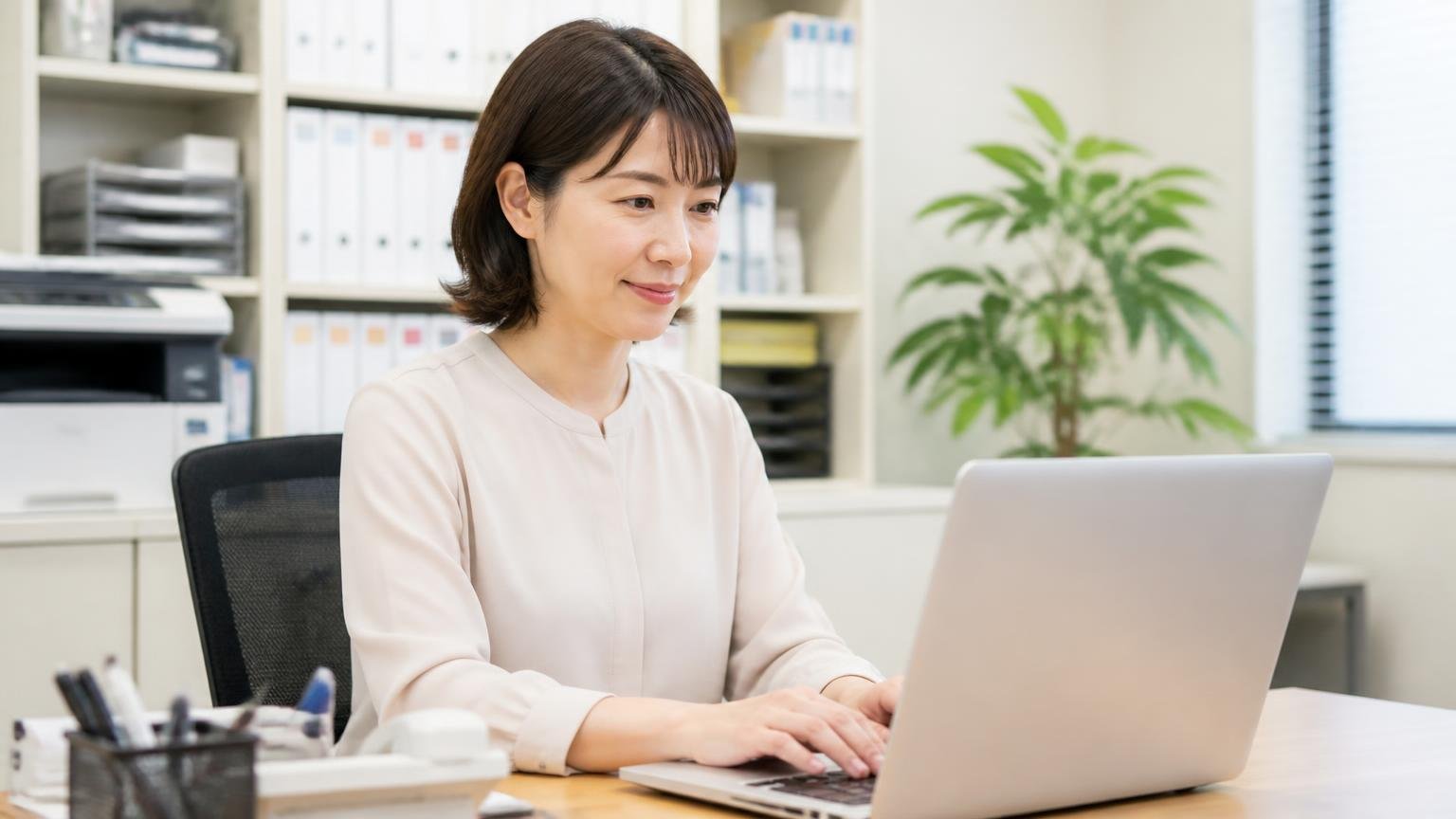 買取の流れは4ステップ 事務所のパソコン前で無料査定の申し込みフォームを入力する女性1人