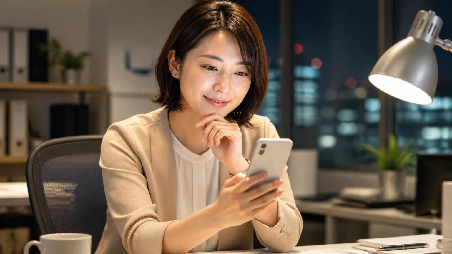 悪い口コミを読むときに守りたい3つのルール。夜の事務所でスマホの口コミを落ち着いて読み返す30代女性1人、納得の表情