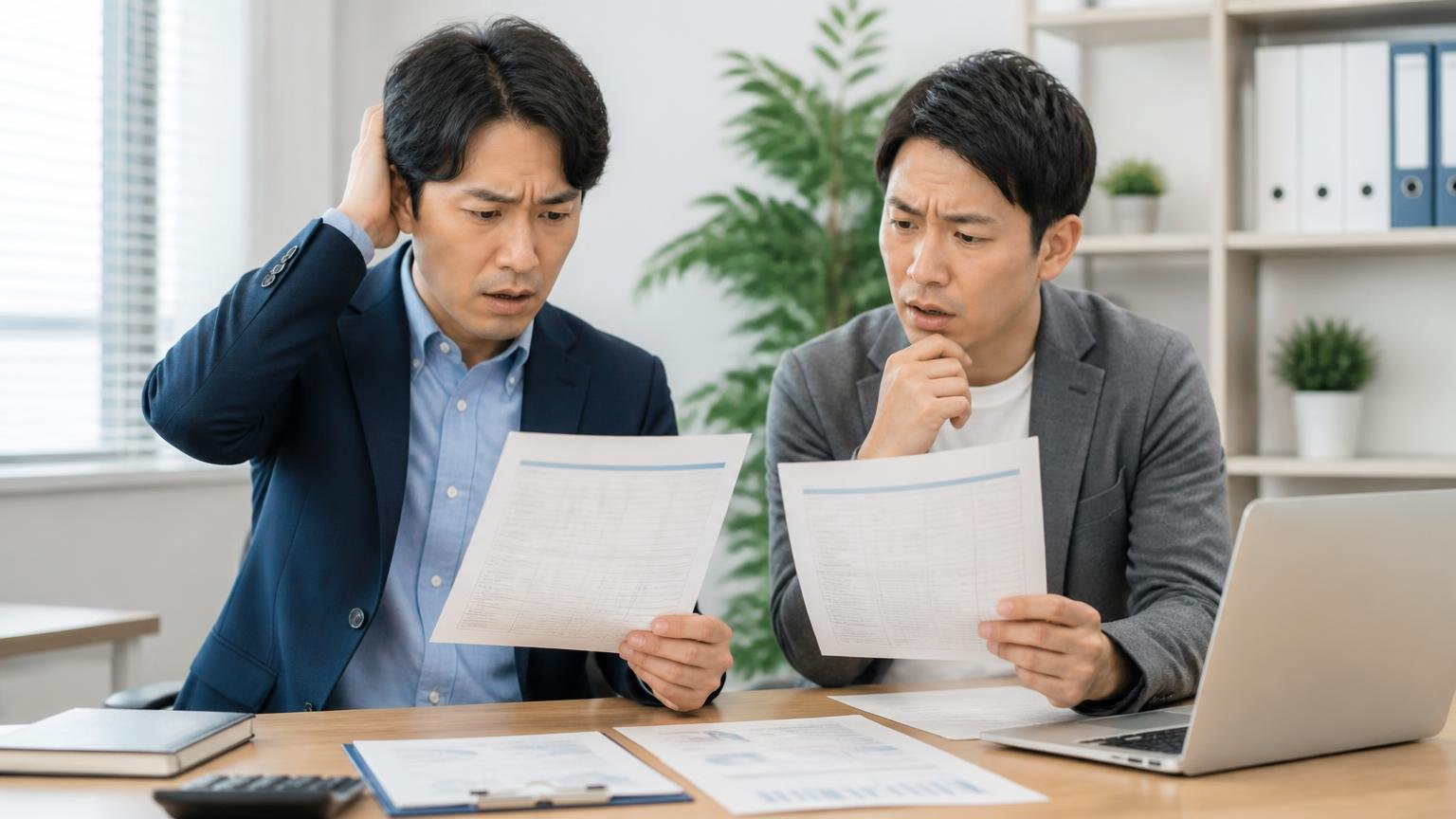 新車価格の比較は成立しない。事務所で2社の見積書を並べて比較する2人が困惑した表情