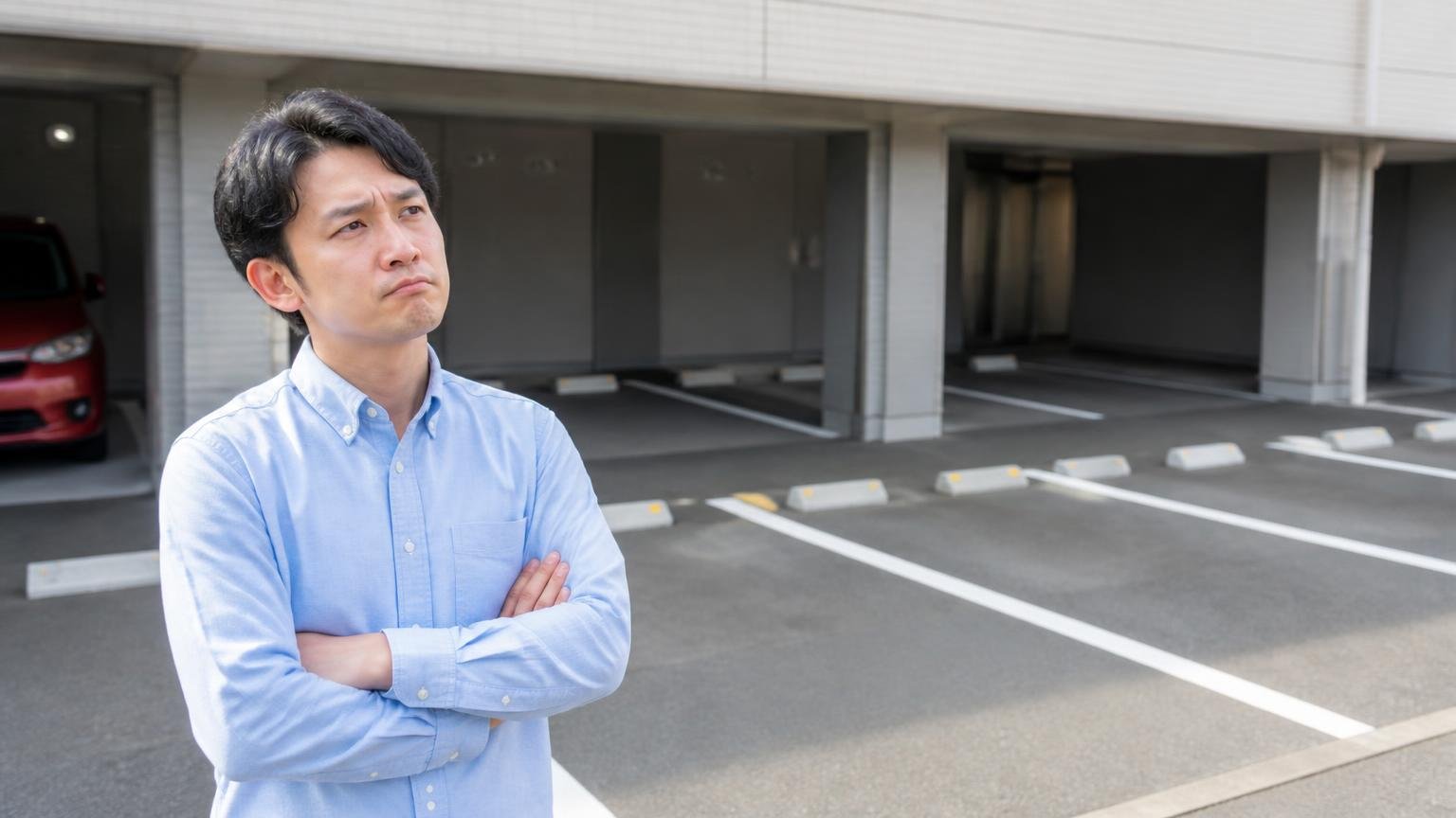 見落とされがちな動かせない日数というコスト|空いた車庫の駐車枠を見て腕を組む男性1人が困り顔