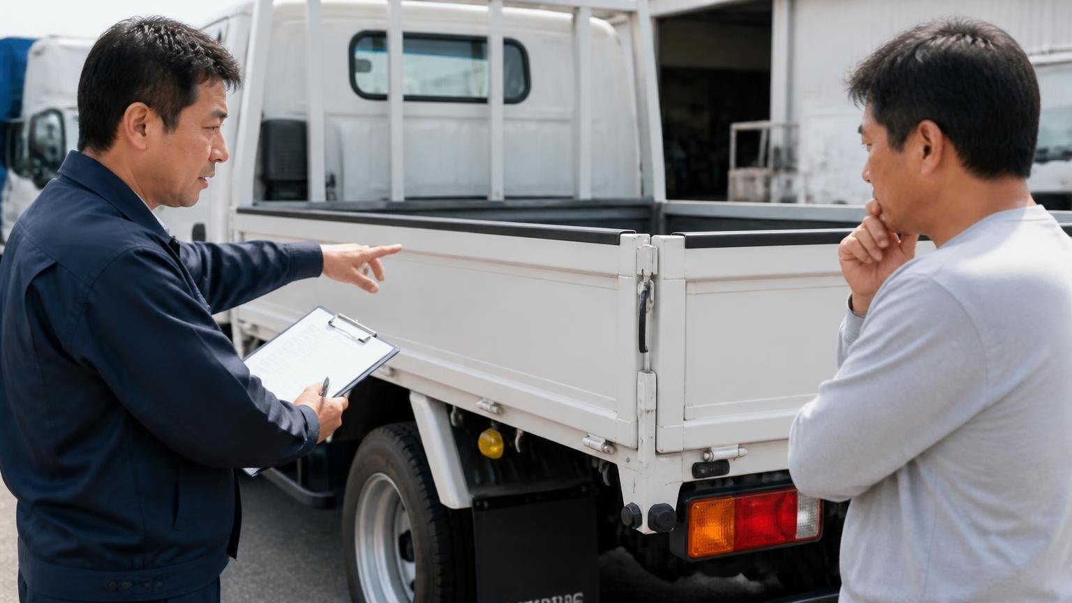 二重査定なしの正確な意味。トラックの荷台まわりを確認する屋外で査定士と依頼者が話す