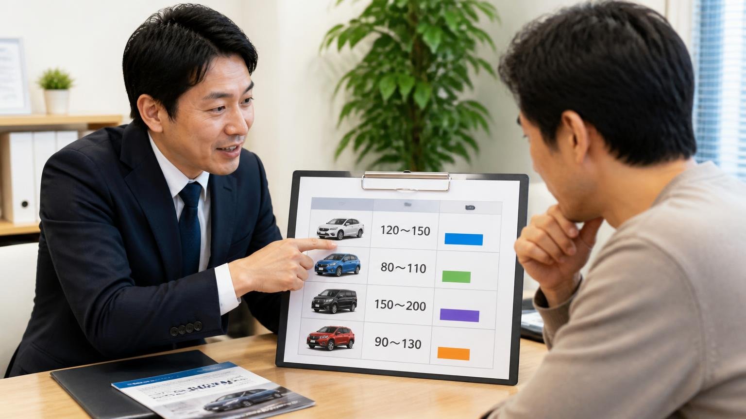車種別の買取相場の目安と、その数字の正しい読み方|事務所で相場表を指さしながら説明する査定士と聞き入る男性の2人
